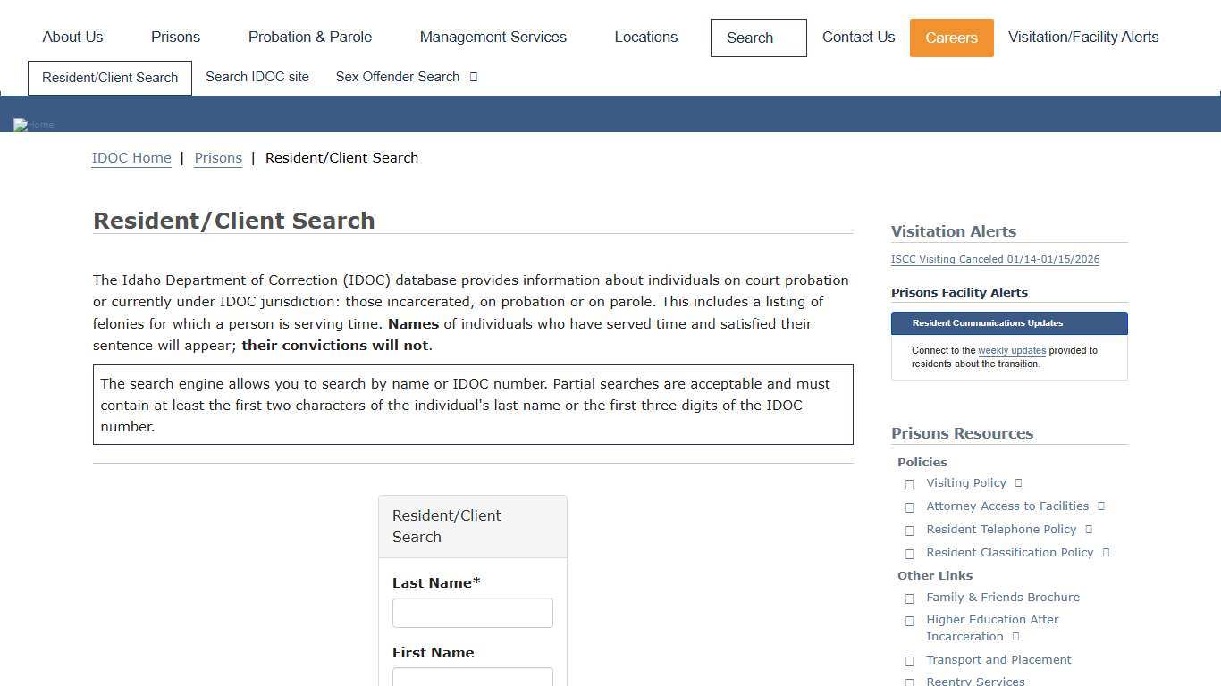 Resident/Client Search | Idaho Department of Correction