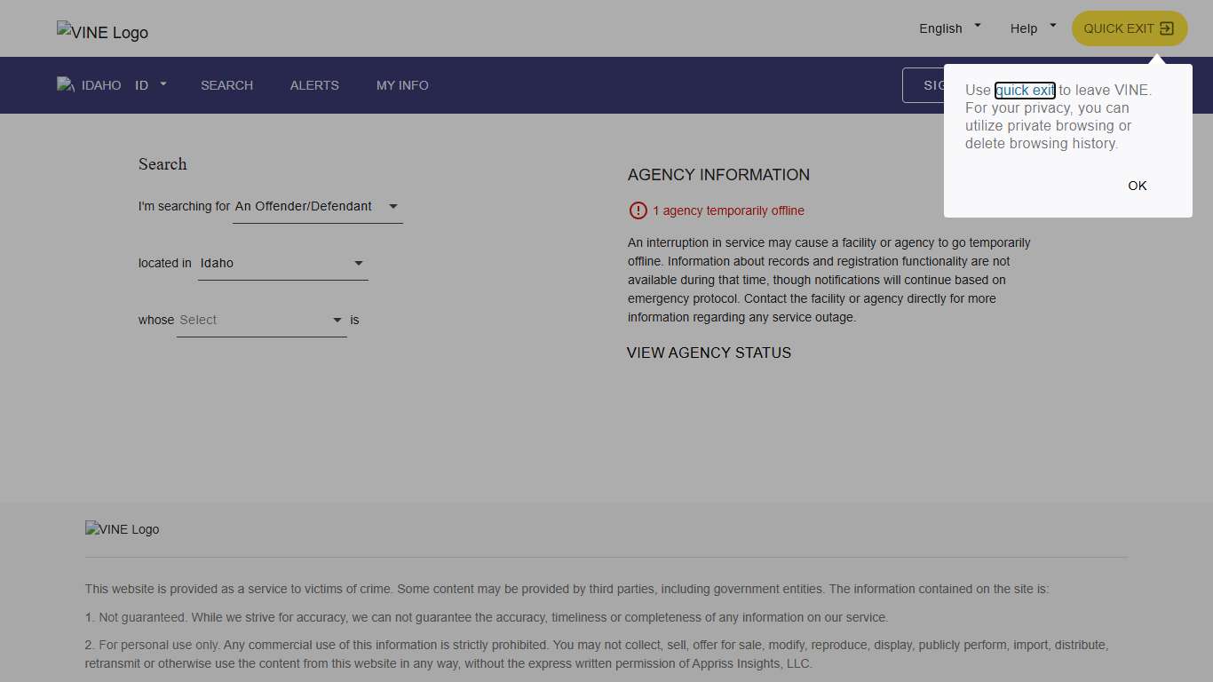 VINELink - Idaho - Search